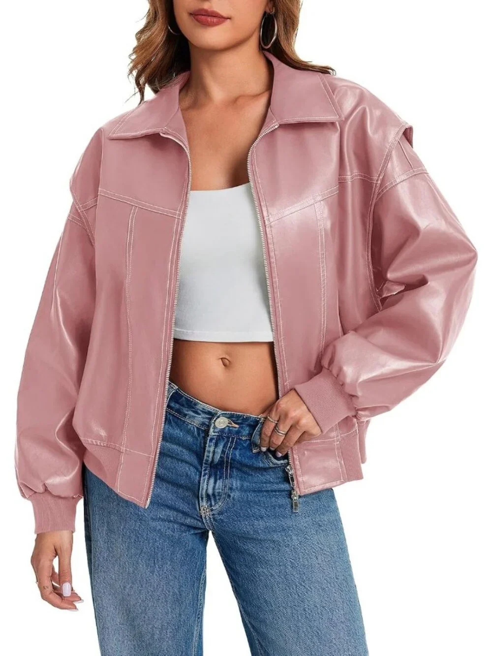 Women's Pink Oversized Faux Leather Bomber Jacket Motorcycle ZIP Up Coat
